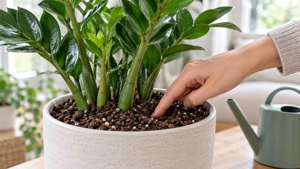 A hand checking the potting mix beside a ZZ plant before watering