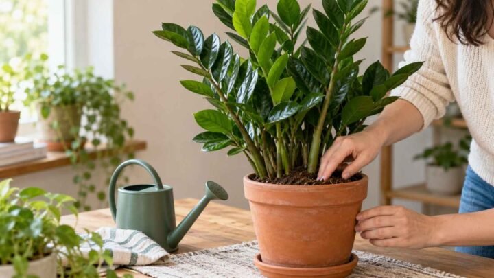 A healthy ZZ plant growing in a pot with drainage holes indoors