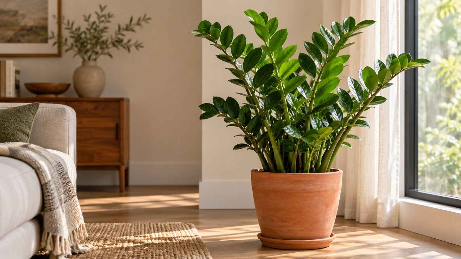 ZZ plant (Zamioculcas zamiifolia) with upright stems and glossy green leaflets.
