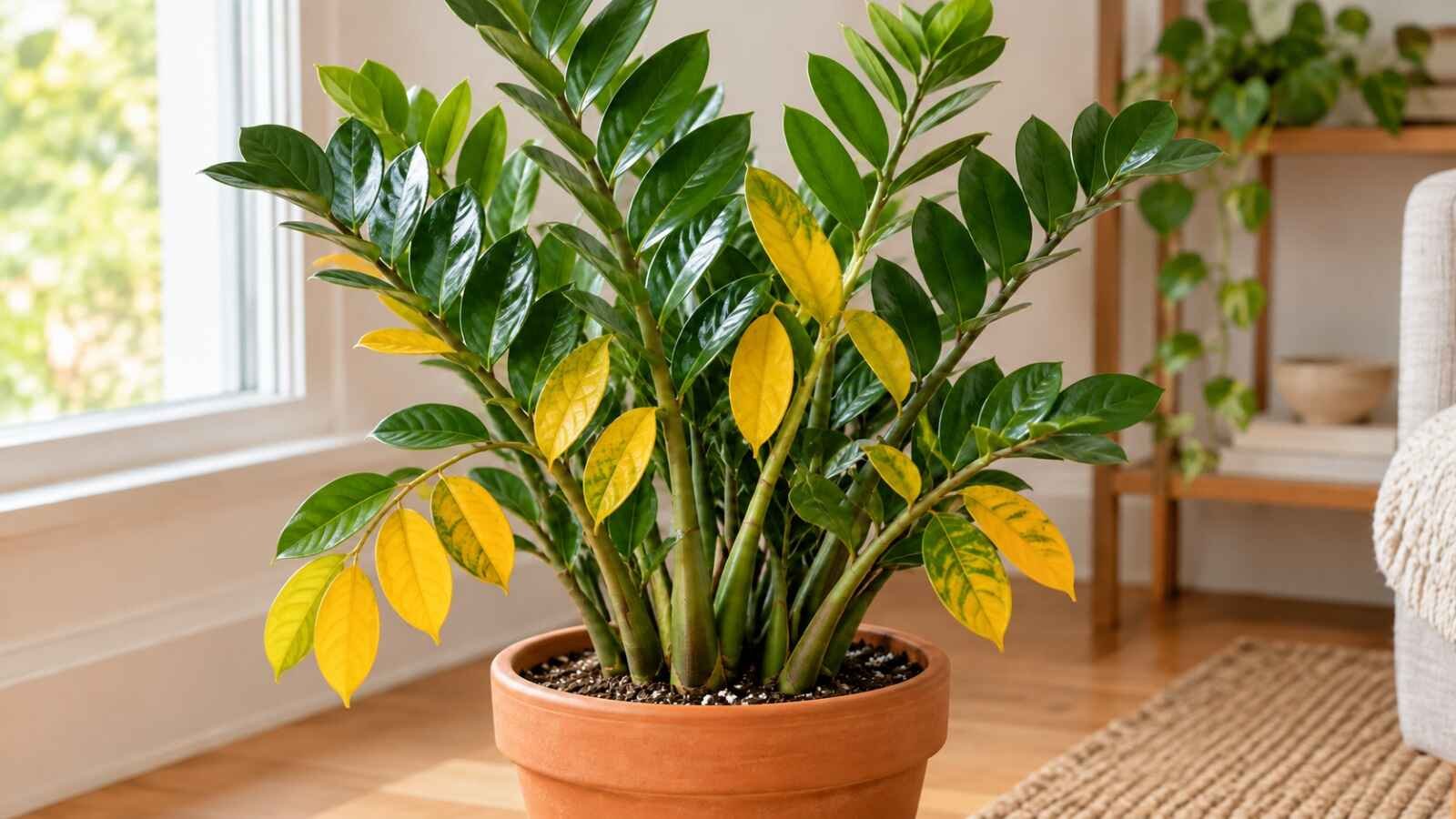 ZZ plant with a few yellowing lower leaflets among otherwise glossy green foliage.