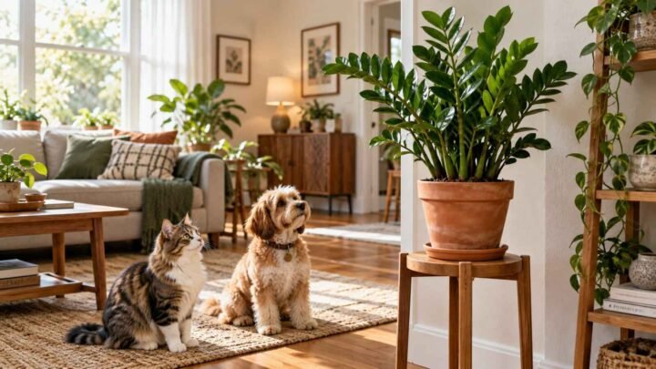 A curious cat beside a potted ZZ plant with glossy green leaflets.