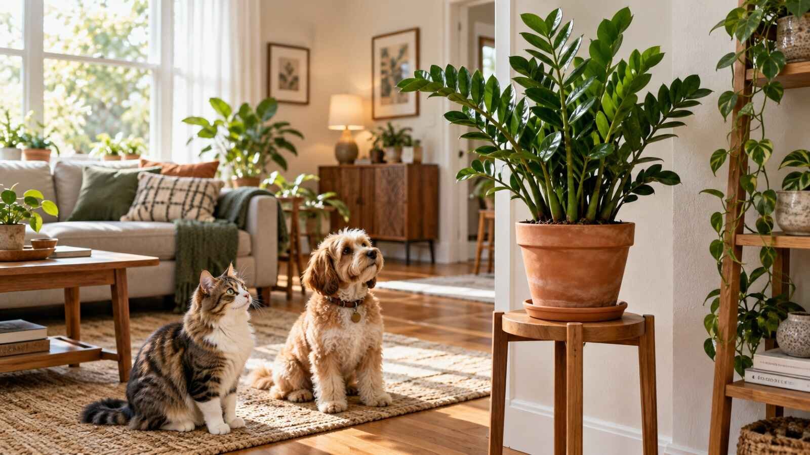 A curious cat beside a potted ZZ plant with glossy green leaflets.
